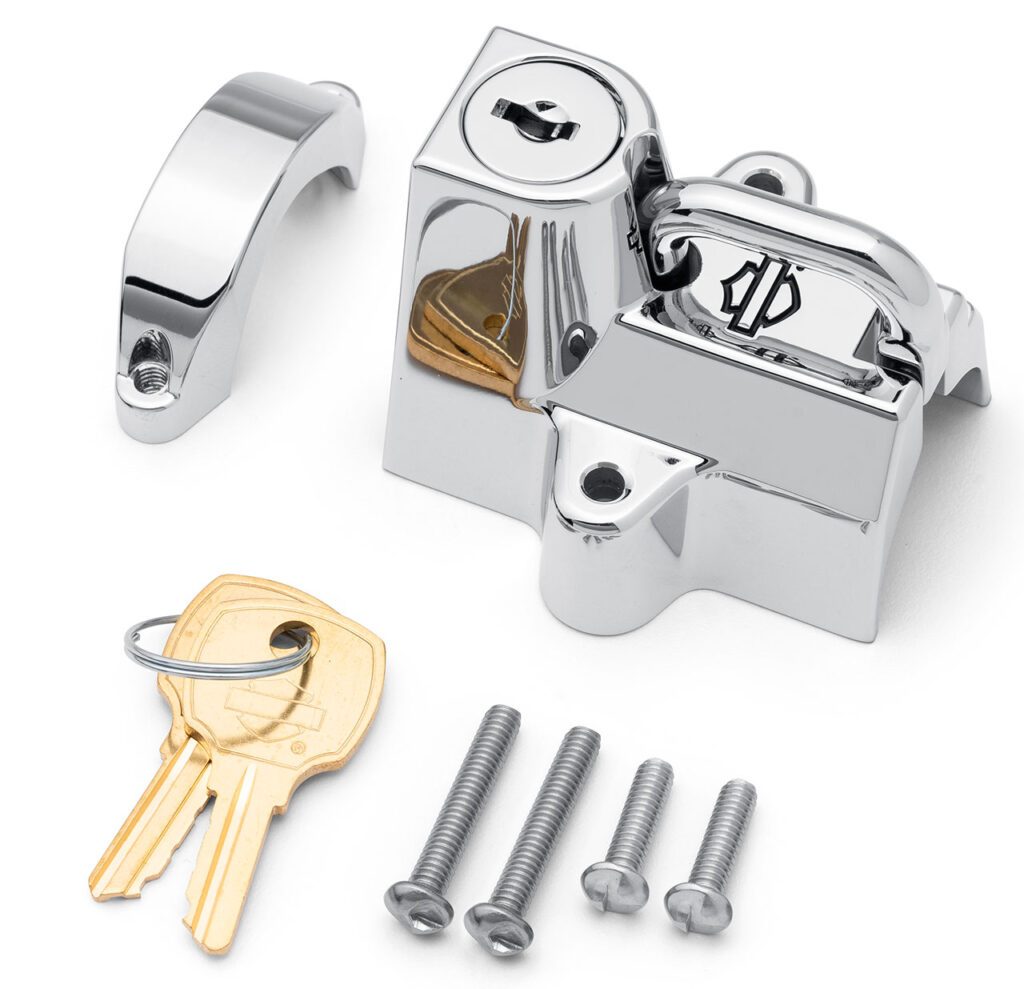 Хромированная версия Fixed Helmet Lock доступна для мотоциклов, уже оснащённых аксессуарами с яркой отделкой.