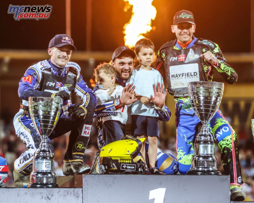 The SpeedwayGP of Poland, Wroclaw podium – 1) Zmarzlik, 2) Lambert, 3) Jensen