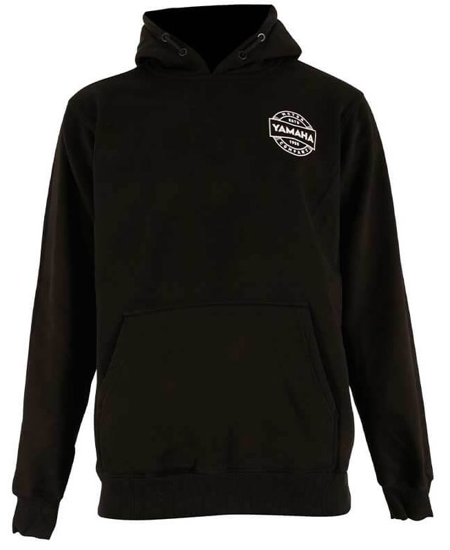 Чёрное худи Yamaha MC Round Hoodie сочетает небольшой знак на груди с более крупной графикой на рукаве и спине.